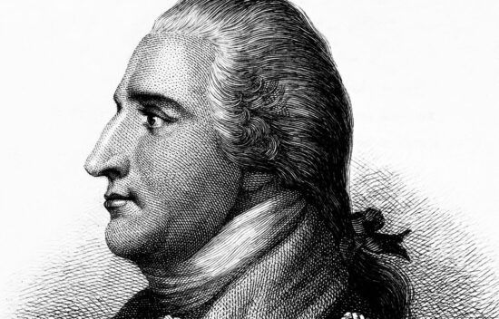 Portrait of a historical figure with a prominent nose and styled hair in profile view, black and white engraving.