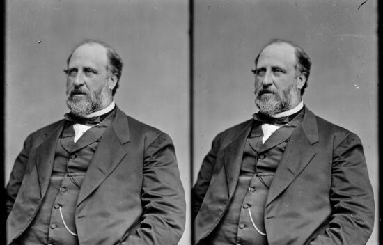 Black and white portrait of a bearded man in formal attire, shown in two identical images side by side.