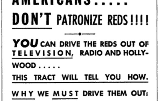 A vintage advertisement urging Americans not to support communism in media, highlighting television and Hollywood.