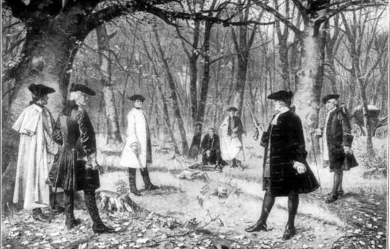 Historical depiction of a gathering in a forest, featuring men in 18th-century attire.