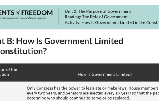 Handout discussing how government is limited in the Constitution, including specific articles and sections.