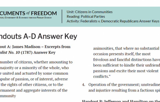 Answer key document titled "Handouts A-D Answer Key" discussing political parties and their influences.
