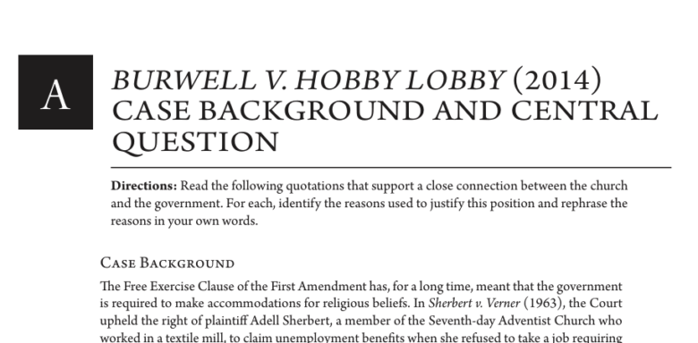 Text document titled "Burwell v. Hobby Lobby (2014) Case Background and Central Question" with case details and directions.