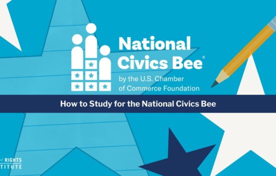 Graphic promoting the National Civics Bee with stars, pencil, and study tips from the U.S. Chamber of Commerce Foundation.