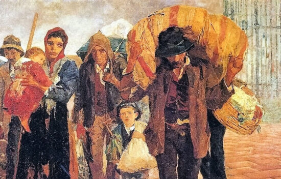A group of people, including women and children, walking together, carrying belongings in a rural setting.