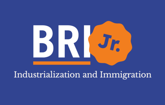 Logo featuring "BRI Jr." with an orange emblem and the text "Industrialization and Immigration" on a blue background.