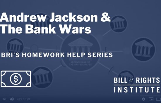 Text-based graphic featuring "Andrew Jackson & The Bank Wars" and icons related to banking and education.