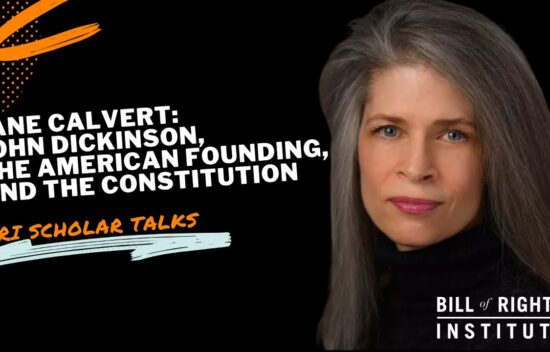 A woman with long gray hair speaks on a video titled "Jane Calvert: John Dickinson, the American Founding, and the Constitution."
