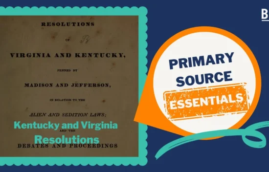 Document titled "Resolutions of Virginia and Kentucky" discussing Madison and Jefferson's views on alien and sedition laws.