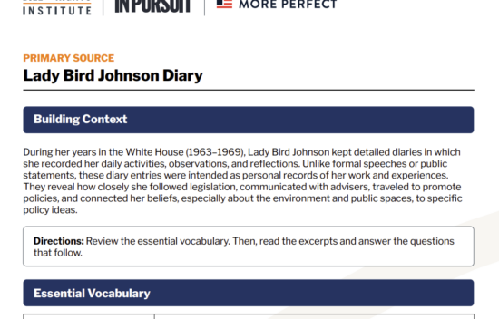 A screenshot of a document about Lady Bird Johnson's diary and its historical context in the White House.