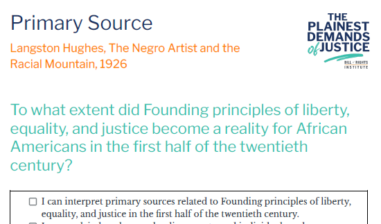 Document titled "Primary Source" discussing Langston Hughes' 1926 work on justice and African American rights.