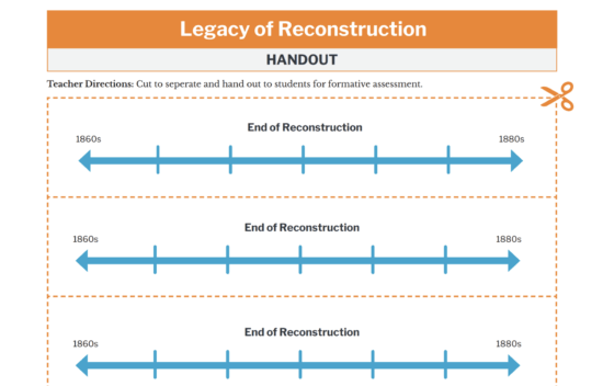 Handout titled "Legacy of Reconstruction" featuring timelines from the 1860s to 1890s.