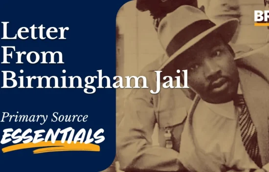 Black and white photo of Martin Luther King Jr. with text about his "Letter from Birmingham Jail."