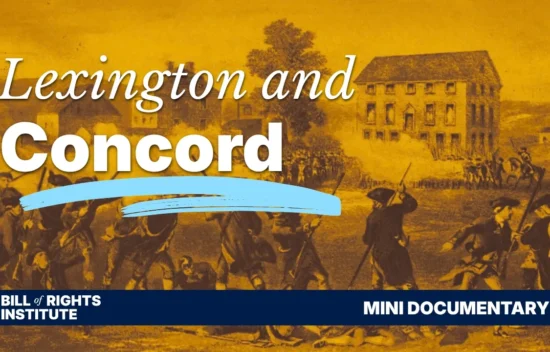 Historic depiction of the battles of Lexington and Concord with text overlay for a mini documentary.