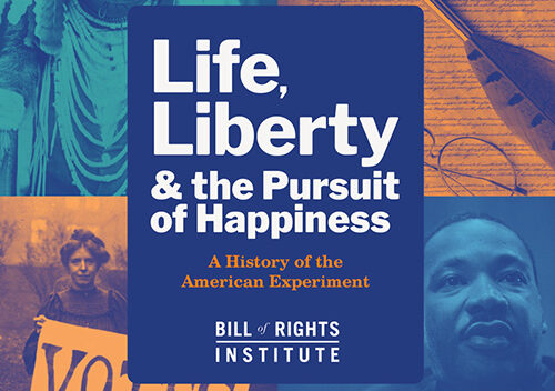 Cover of "Life, Liberty & the Pursuit of Happiness" featuring historical figures and texts related to American rights.