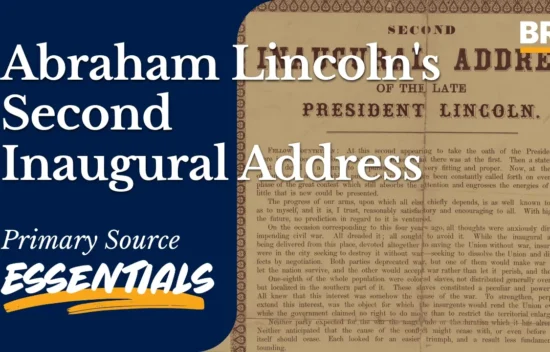 Text of Abraham Lincoln's Second Inaugural Address with a decorative title banner.