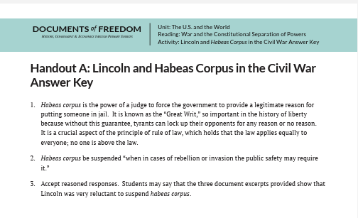 A document titled "Lincoln and Habeas Corpus in the Civil War Answer Key" with key points and guidelines listed.