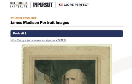 Portrait of James Madison, with a detailed illustration showcasing his features and attire.