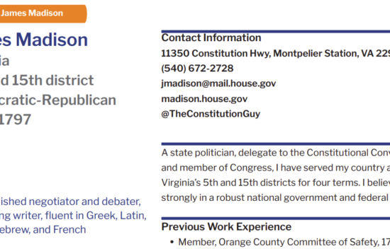 Resume of James Madison, Virginia politician, detailing contact information, skills, and work experience.