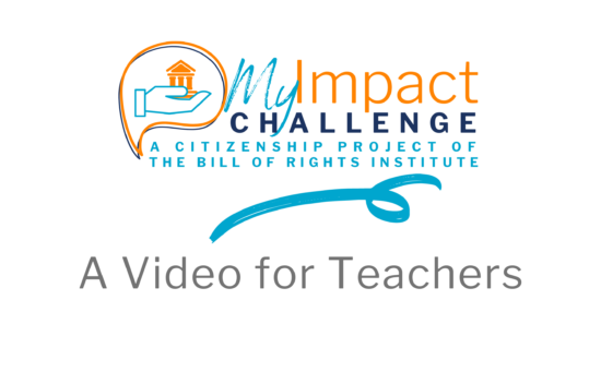 Logo for the MyImpact Challenge, featuring a hand and house graphic, with the text "A Video for Teachers."