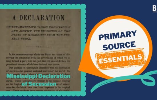 Document titled "Mississippi Declaration of Secession" with a label for "Primary Source Essentials."