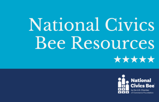 National Civics Bee Resources graphic featuring a blue background with white text and a logo at the bottom.