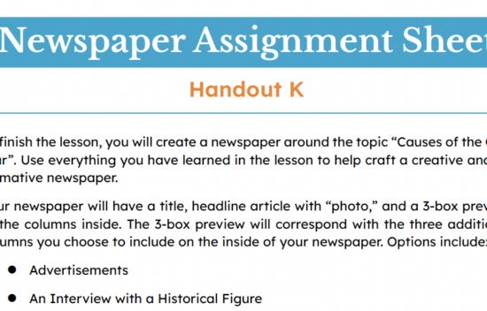 A handout titled "Newspaper Assignment Sheet" with instructions for creating a newspaper on the Civil War.