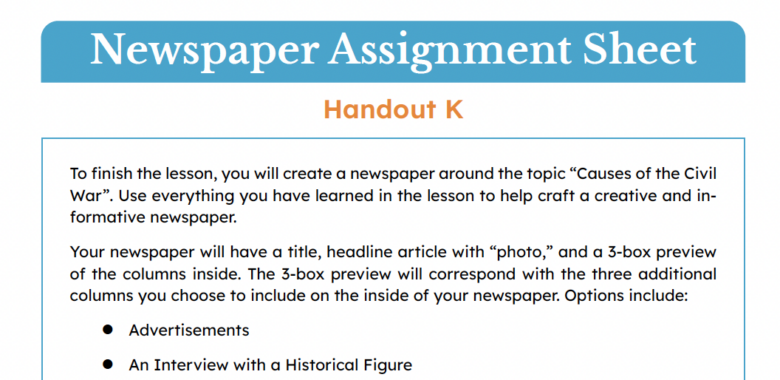 A handout titled "Newspaper Assignment Sheet" with instructions for creating a newspaper on the Civil War.