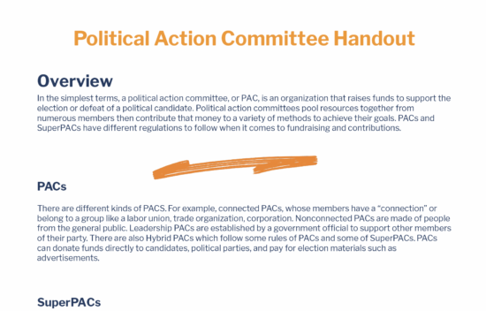 Political Action Committee handout outlining definitions and differences between PACs and SuperPACs.