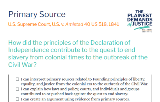 Text on a page discussing the impact of the Declaration of Independence on ending slavery leading up to the Civil War.