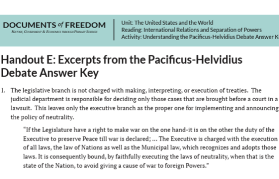 A document titled "Handout E: Excerpts from the Pacificus-Helvidius Debate Answer Key" with text and formatting details.