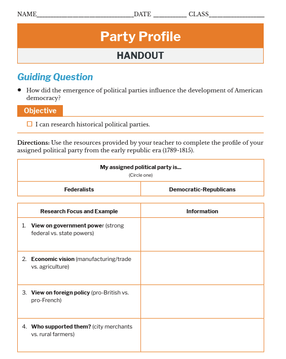Handout titled "Party Profile" with sections for research focus and information on historical political parties.