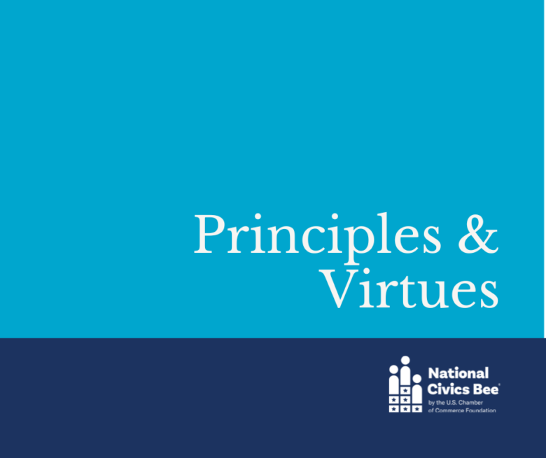 Text on a blue background reads "Principles & Virtues" with the National Civics Bee logo below.