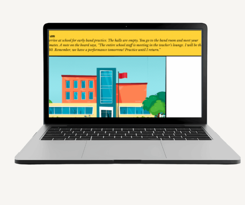 A laptop displaying a message about early band practice and an illustration of a school building.