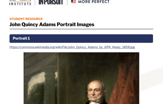 Portrait of John Quincy Adams, the sixth President of the United States, in classical attire against a dark background.