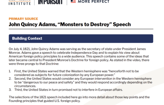 Document titled "John Quincy Adams, 'Monsters to Destroy' Speech" with contextual information on U.S. foreign policy.