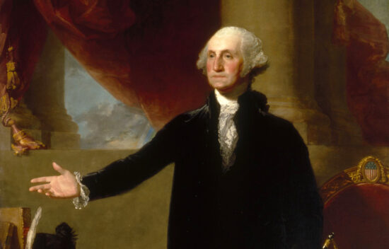 Portrait of George Washington in formal attire with a handout gesture against a classical backdrop.