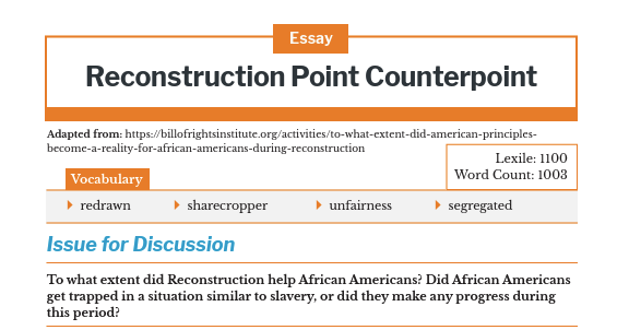 Essay page with title "Reconstruction Point Counterpoint," including vocabulary section and discussion issue.