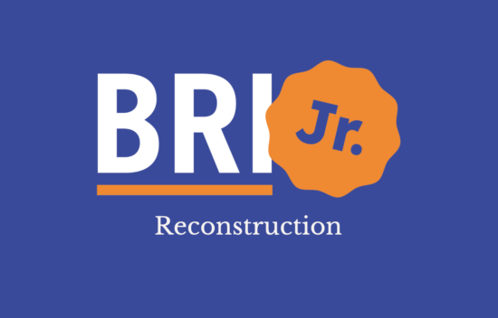 Text logo featuring "BRI Jr." in white and orange on a blue background, accompanied by the word "Reconstruction" below.