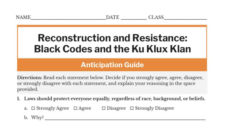 Document titled "Reconstruction and Resistance: Black Codes and the Ku Klux Klan" with an anticipation guide and statements for response.