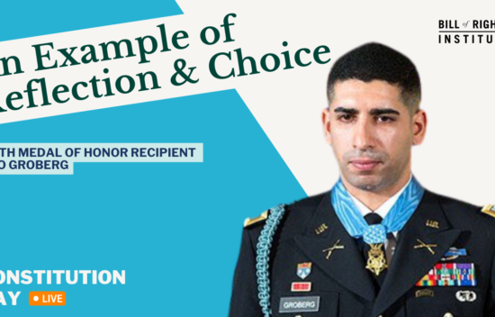 Image features a man in military uniform wearing a Medal of Honor, with text about reflection and choice.