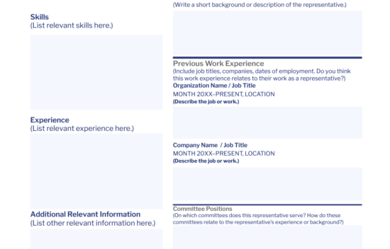 Form template for a resume, including sections for contact information, skills, experience, and additional relevant information.