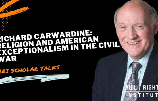 Portrait of Richard Carwardine with text about his talk on religion and American exceptionalism during the Civil War.