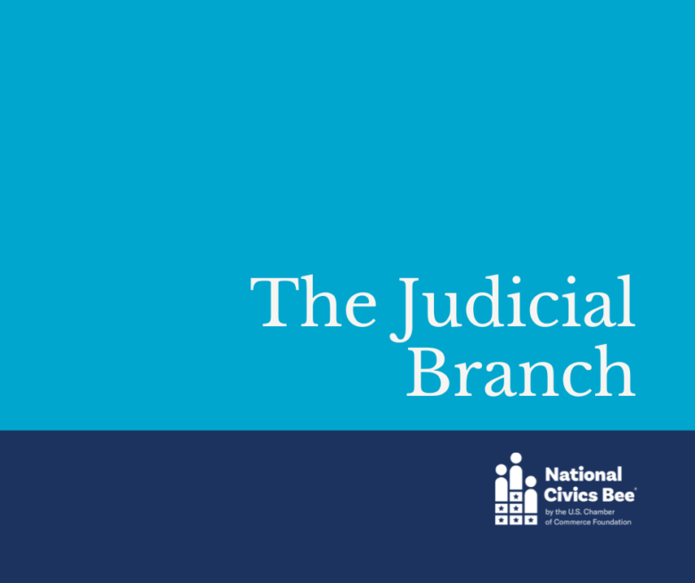 The image shows a turquoise background with the text "The Judicial Branch" and the National Civics Bee logo at the bottom.