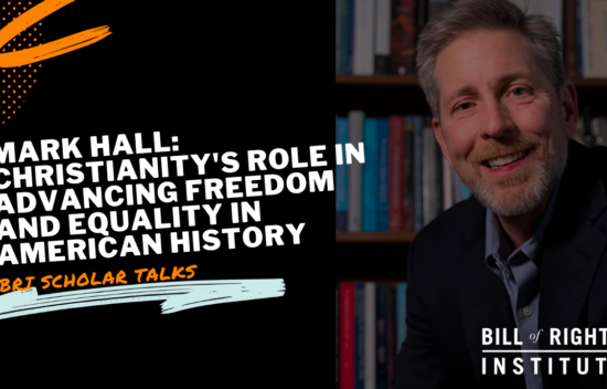 Man smiling in front of bookshelves, with text about Christianity's role in American history. BRI Scholar Talks.