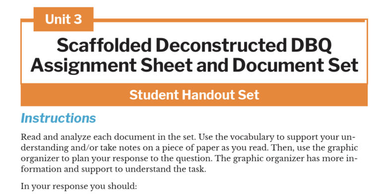 Student handout set titled "Scaffolded Deconstructed DBQ Assignment Sheet and Document Set" with instructions.