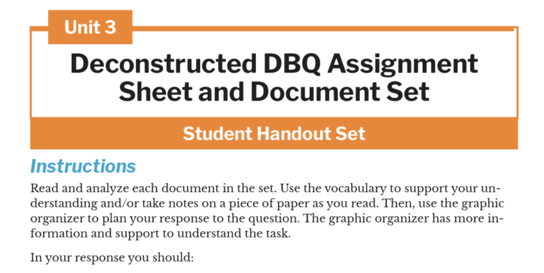 Document with title "Deconstructed DBQ Assignment Sheet and Document Set" and instructions for student response.