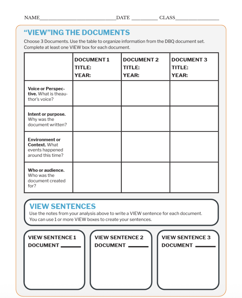 A worksheet template for organizing information from documents with sections for title, year, and analysis.
