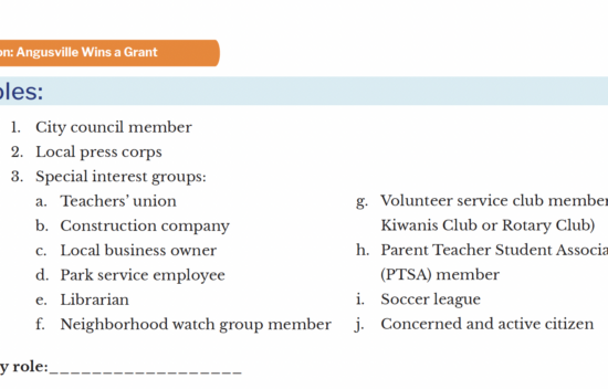 Document listing roles and responsibilities in a community grant context with a blank line for personal input.