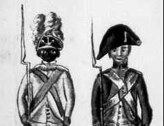 Continental soldiers at Yorktown; on the left, an African-American soldier of the 1st Rhode Island Regiment.